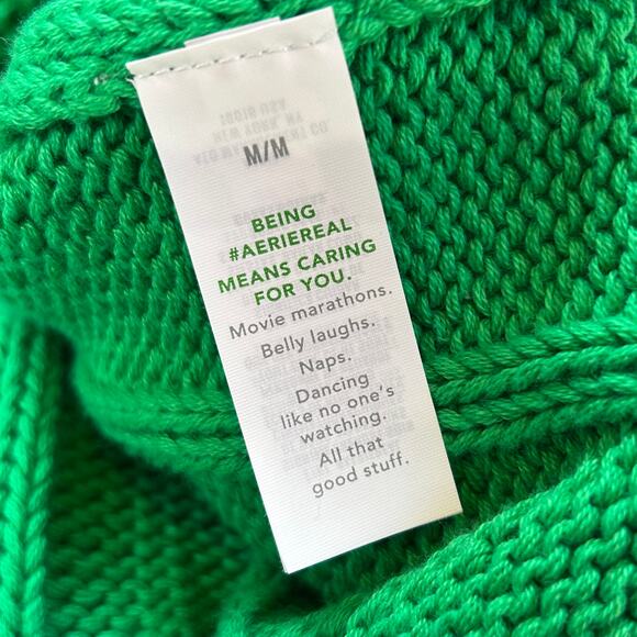 Aerie Sweater Green Cable Knit Cotton V-Neck Varsity Preppy Fall Medium - Picture 6 of 8